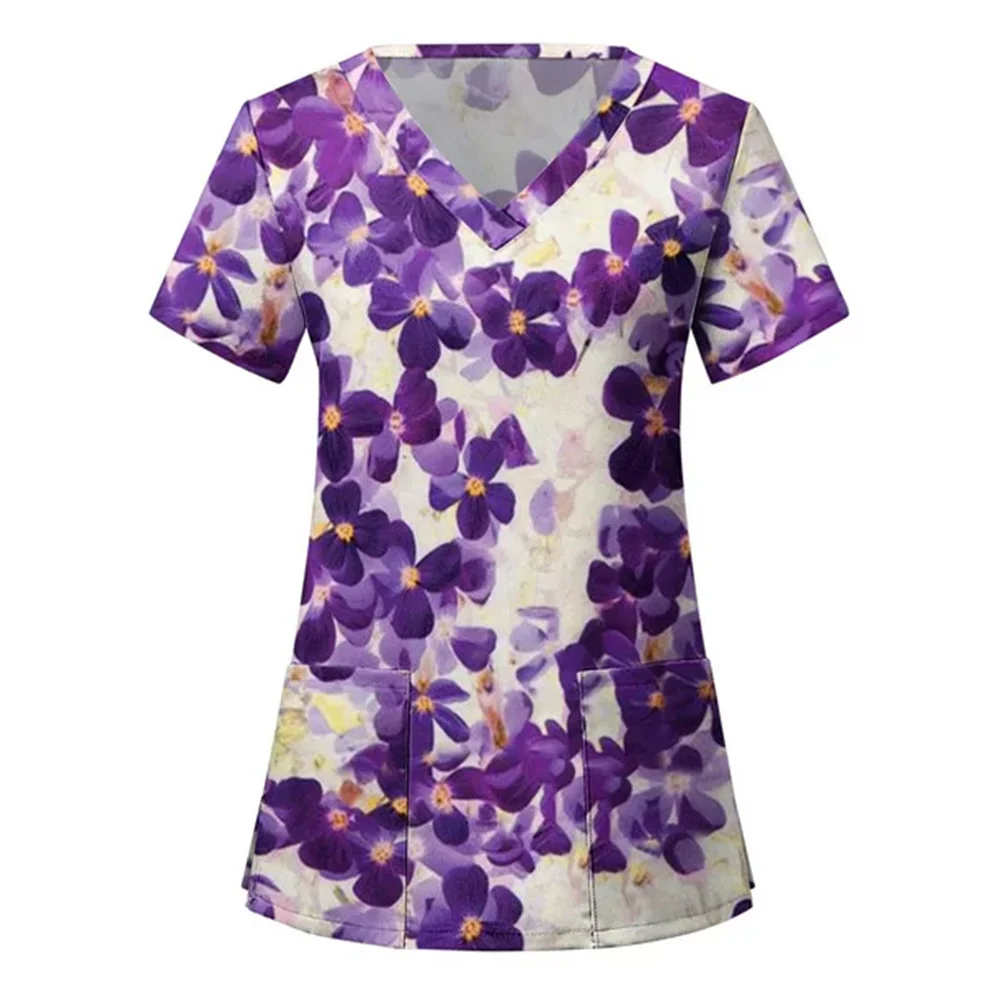 Scrubs Medical Uniforms Woman Simple Floral Print Hygiene Scrub V-Neck Short Sleeve Patch Pocket Tops Dental Nurse Uniform Woman