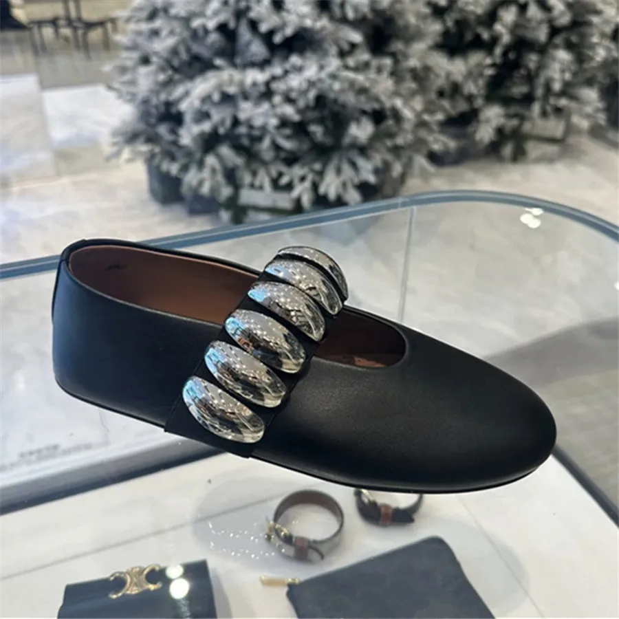 2024 New Metal Studded Women Ballet Flats Comfortable Black Dance Shoes Casual Walking Loafers Espadrilles Ladies Mary Janes