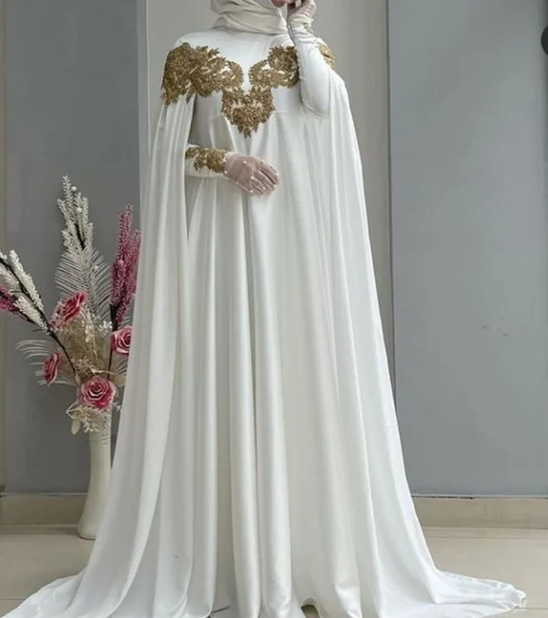 Muslim Formal Evening Dresses Hijab A Line White Cape Long Sleeves Wedding Gown Gold Lace Appliques Customized Women Prom Robe