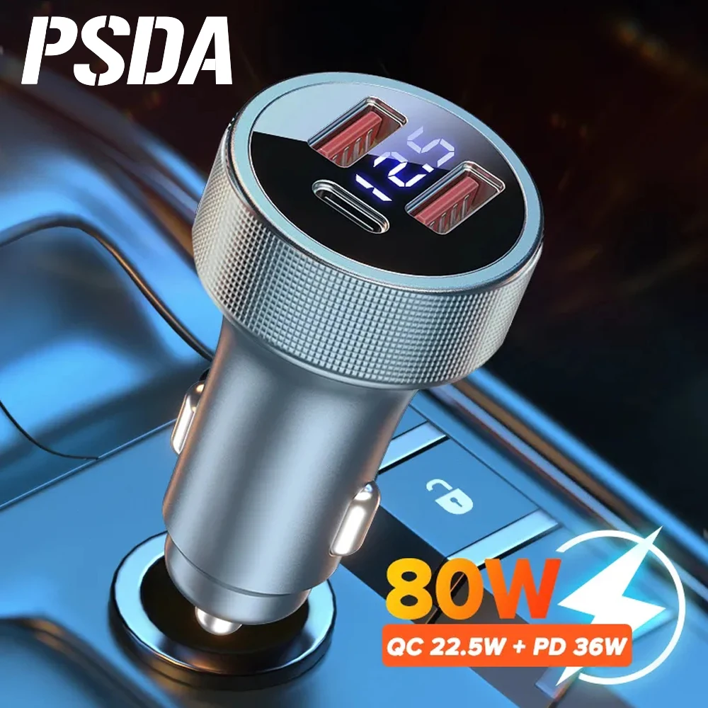 

PSDA 3 Ports 80W Car Charger PD USB Type C USB Phone Charger Fast Charging For iPhone14 13 Xiaomi Samsung iPad Laptops Tablet