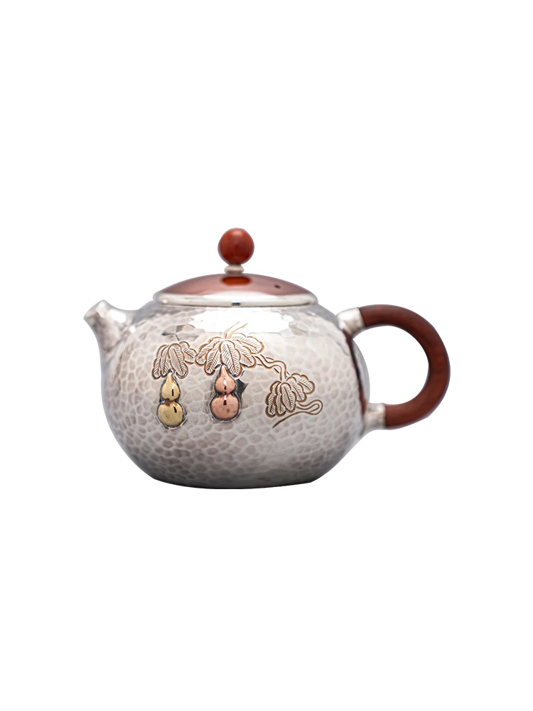 Pure Silver 999 Tea Pot, Handmade One Piece, Made of Xishi Copper, Wrapped with Silver Cap, Gourd, Anti scalding Silver Pot