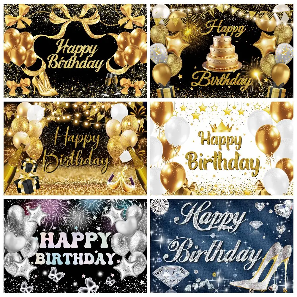 

Black and Gold Happy Birthday Backdrop Balloons Adult Kids Birthday Party Cake Table Decor Banner Custom Photography Background