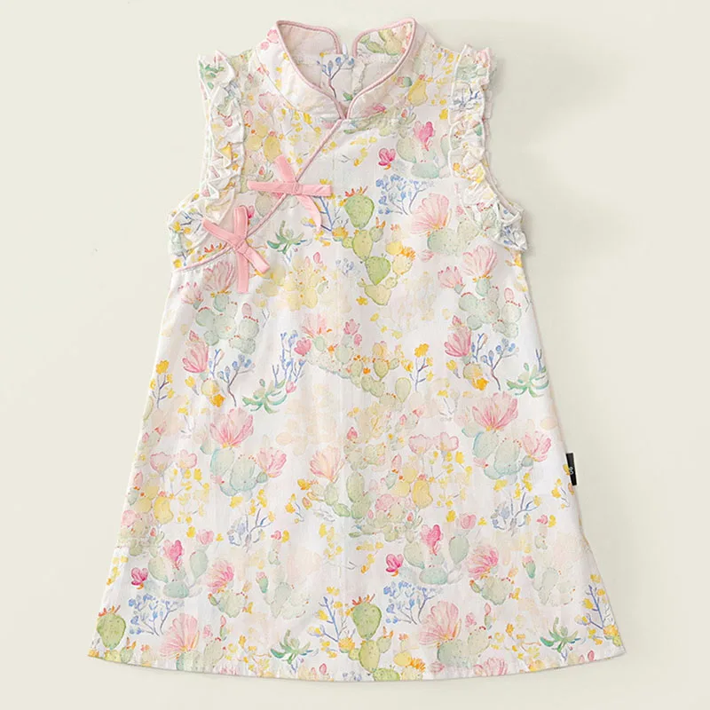 

Summer Dresses Kids Girls Clothes Chinese Style Cheongsam Fashion Cute Bow Flowers Print Cotton Sleeveless Princess Dress B053