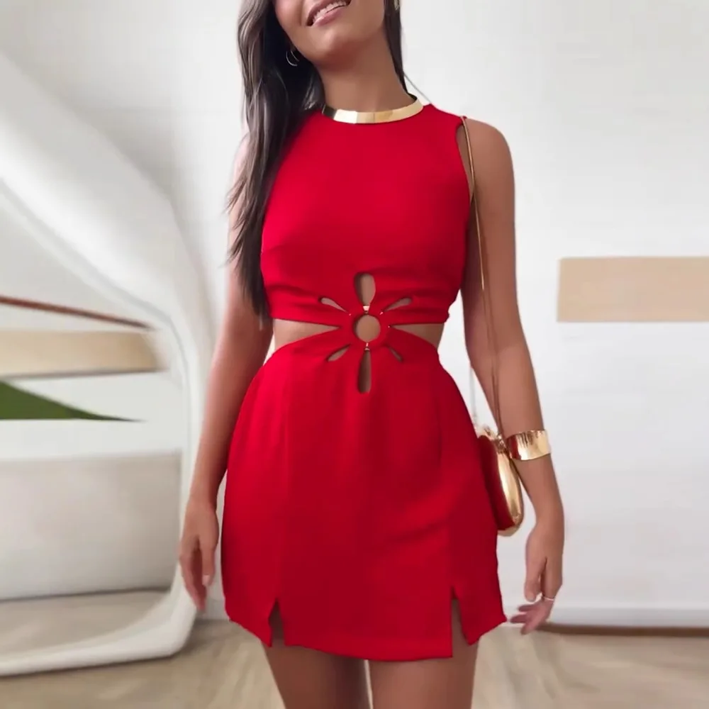 

Women Sexy Round Neck Sleeveless Hollow-out Romper Casual Split Jumpsuit Pants