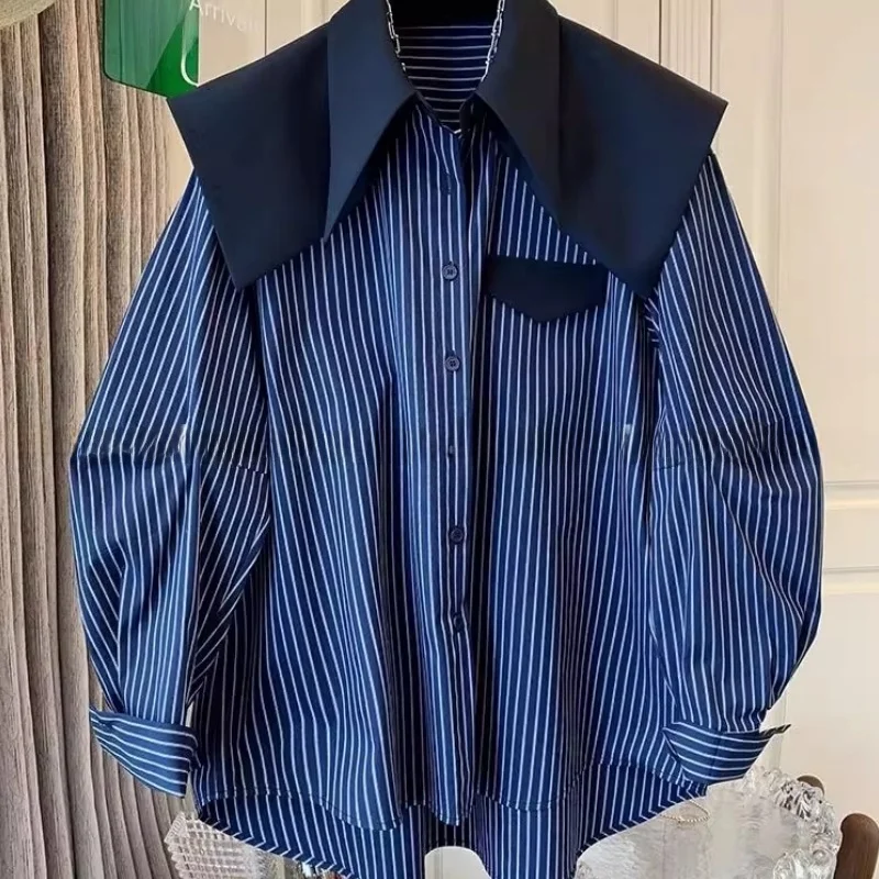 

plus Size 300 Pou Korean Striped Navy Collar Long Sve irt ex Spring Autumn Design Casual Open Cardigan Top