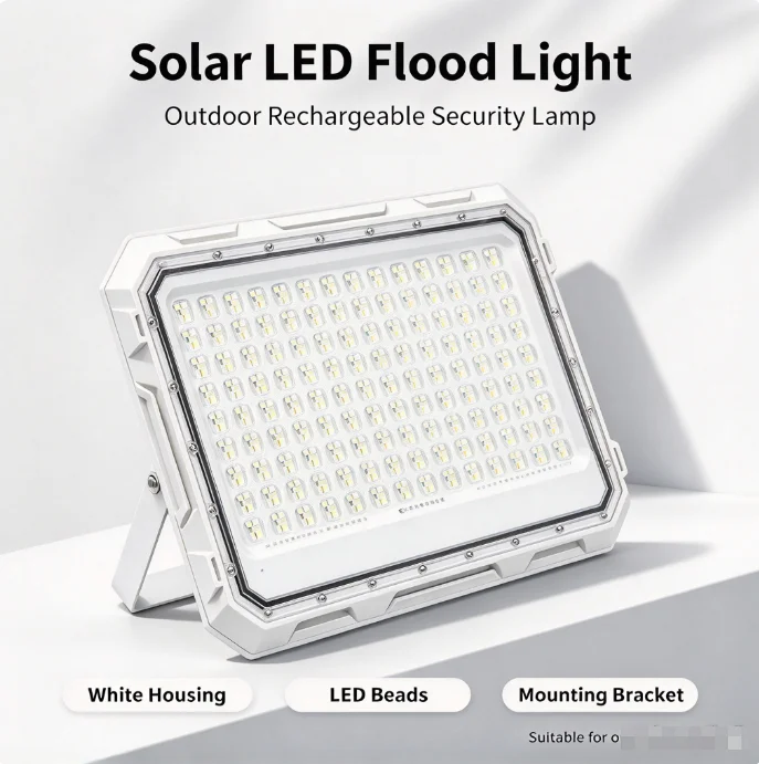 HTMCK Solar LED Flood Light, White Square Outdoor Lamp with LED Panel and Mounting Bracket for Yard, Garden and Night Lighting