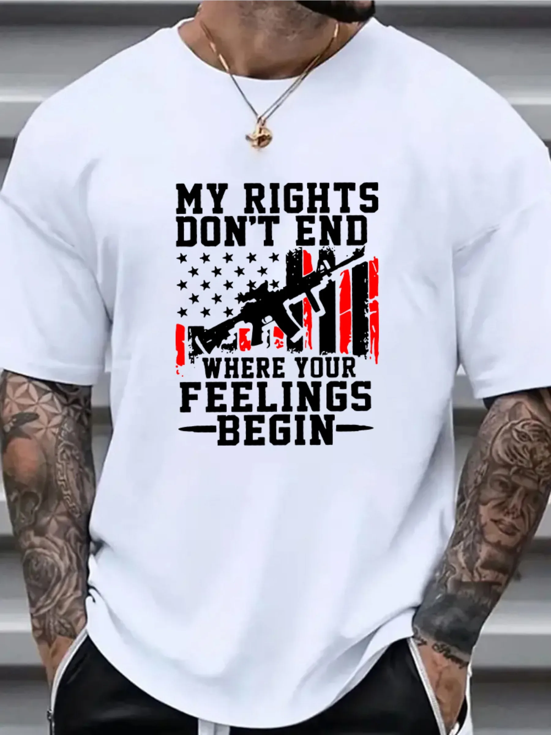 

Men's Patriotic T-Shirt - "My rights do not depend on where your feelings begin" pattern print