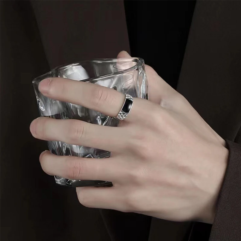 Foxanry Silver Color Black Drop Glaze Rings For Women Couples New Fashion Simple Classic Elegant Creative Daily Party Jewelry