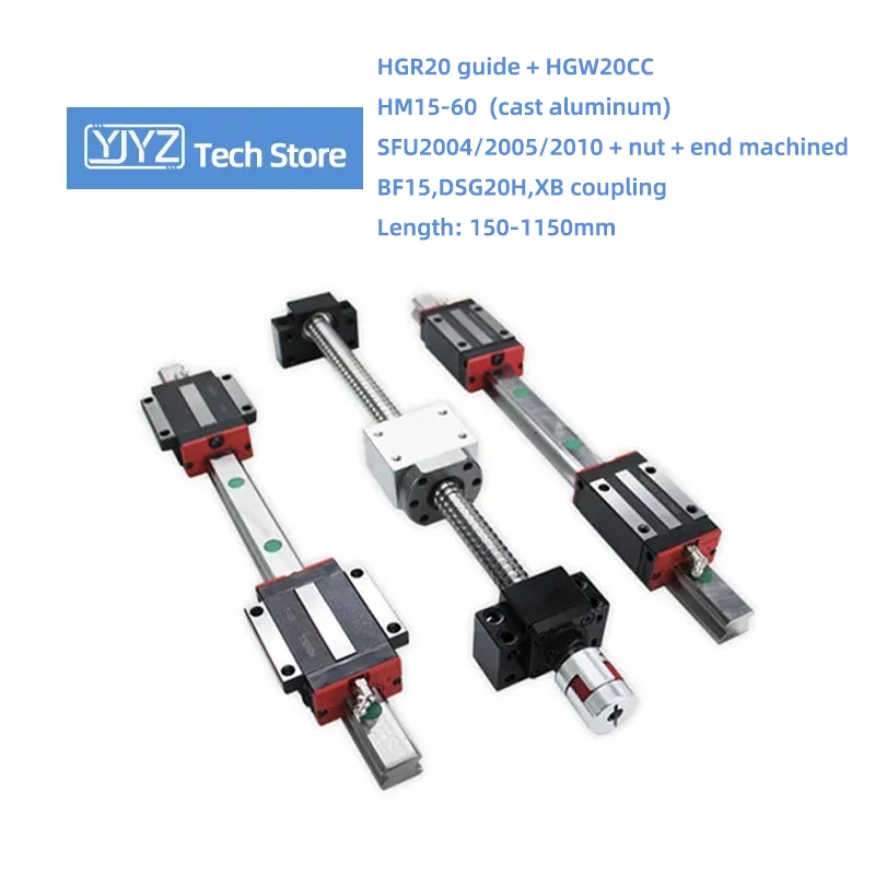 HGR20 Guide Rail HGW20CC Slider SFU2004 SFU2005 SFU2010 Ballscrew Length 150-1150mm HM15-60 (Cast Aluminum) BF15 DSG20H Coupling