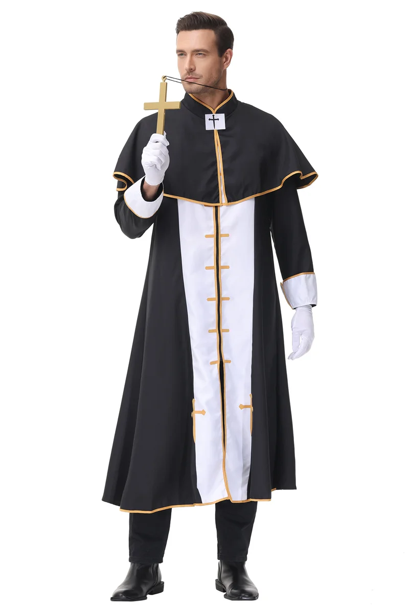 Disfraz de sacerdote adulto para hombres, Pastor religioso, padre, Cosplay, Halloween, carnaval, fiesta, bata con Cruz