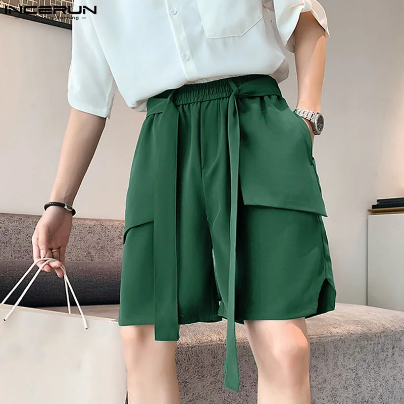 INCERUN 2024 Korean Style Shorts New Men\'s Ribbon Design Straight Leg Shorts Casual Streetwear Male Wide Leg Cargo Shorts S-5XL