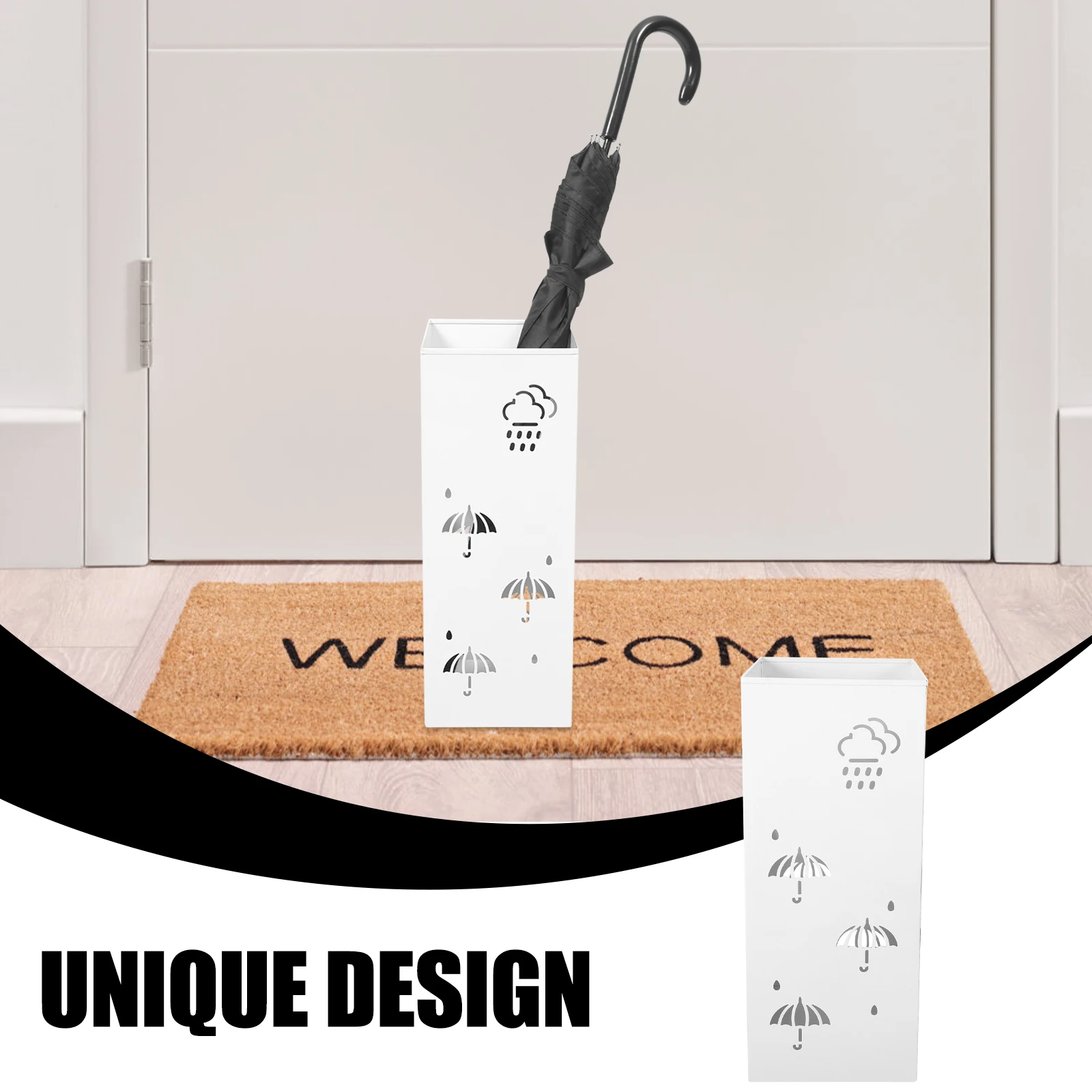 

Umbrella Bucket Stand Holder Organizer Wet Cane Long Storage Rack Walking Stick Metal White Folding