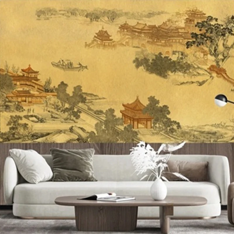 Custom Chinese Landscape Mural Wallpaper -  Mountain Building Painting for Living Room TV Sofa Background Personalized Wall Art