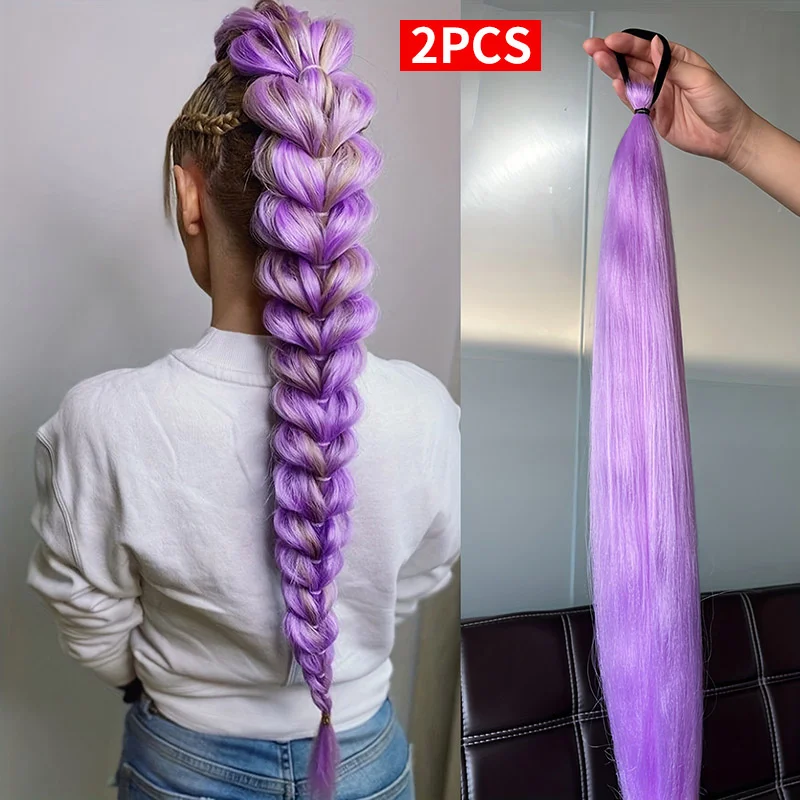 2 pièces fête synthétique violet tressage cheveux longue droite bricolage tressé queue de poney postiche femmes cheveux accessoires pour scène fête