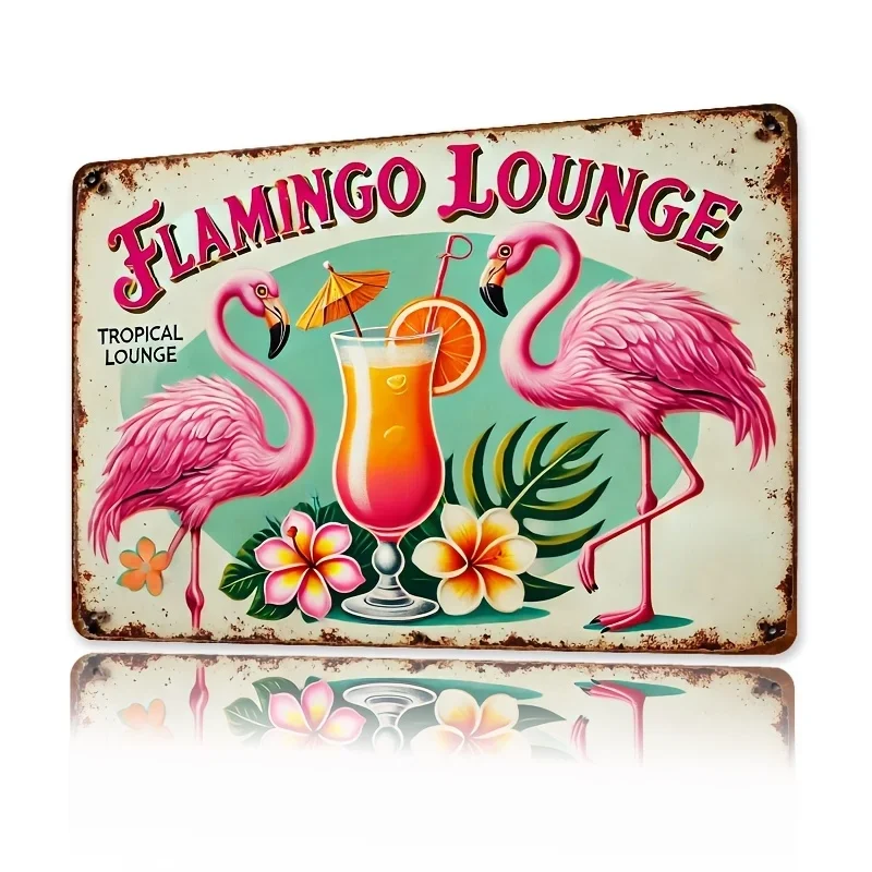 Vintage Metal Wall Art Flamingo Lounge—Tropical Elegant Printed Iron Sign, Pink Retro Design and Tiki Bar with the Letter P