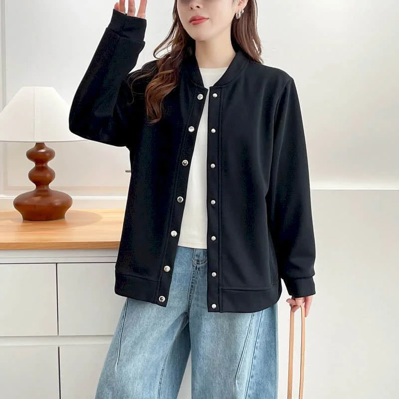 

Бейсбольные куртки для женщин, свободные однотонные кардиганы в корейском стиле с круглым вырезом, однобортные пальто с длинными рукавами, зимняя женская одежда