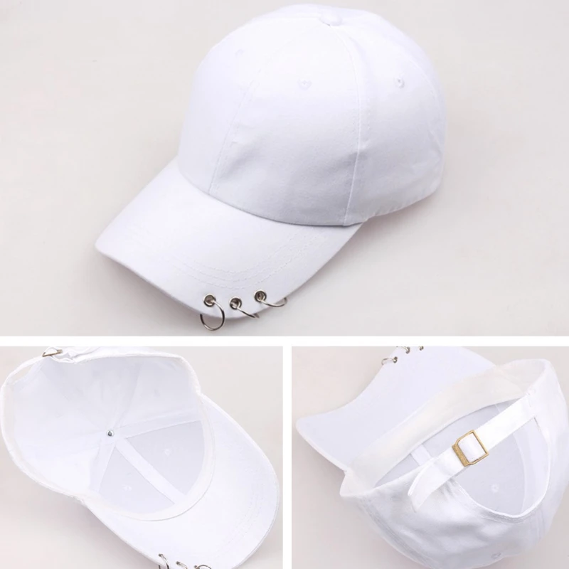 Women Men Korean Harajuku Cotton Baseball with 3 Metal Rings Hip Hop Street Solid Color Adjustable for Snapback Dad