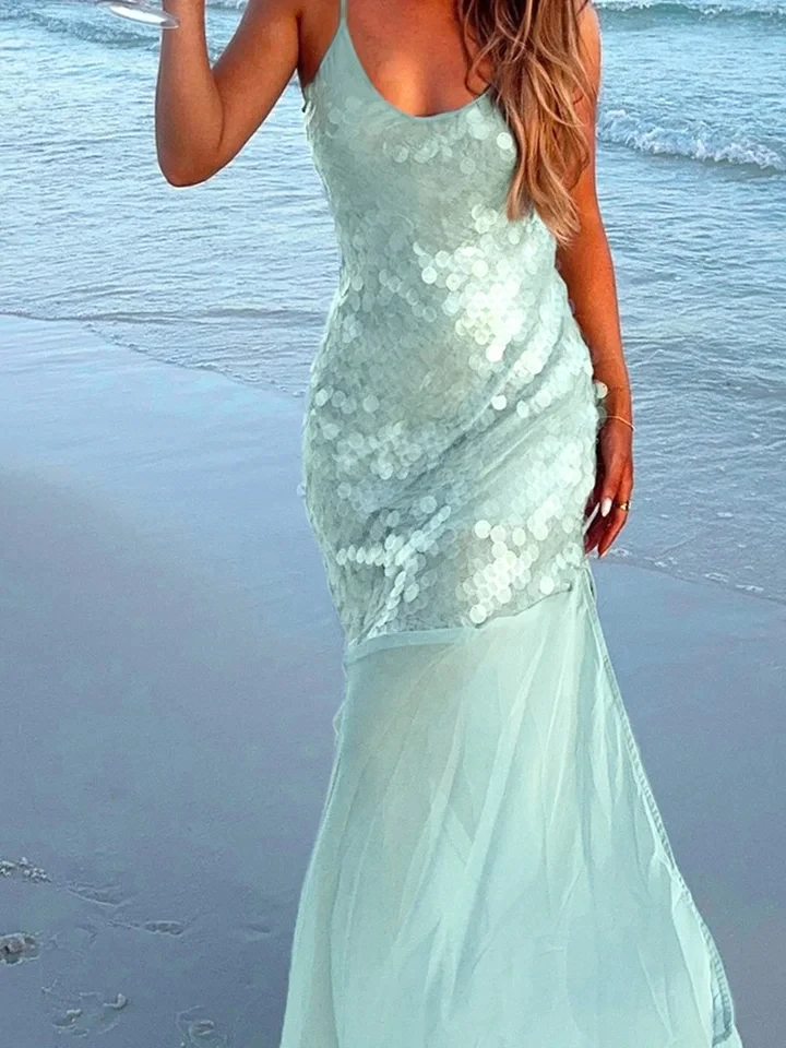 

Casual High Waist U Neck Backless Paerty Dress Sexy Sequins Halter Sleeveless Fishtail Dress Summer New Pure Spliced Long Dress
