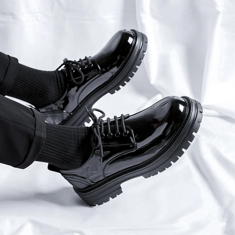 Men's Casual Leather Shoes Business Formal Bright Surface Thick Bottom Heightening Genuine Leather Black Large Head  Tre...