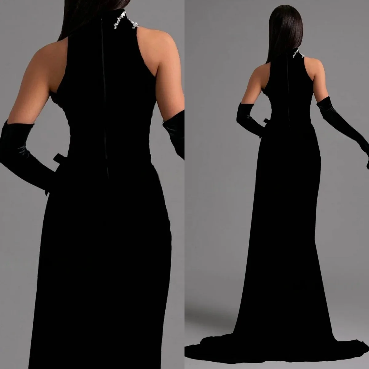 Customized Black Velvet Evening Dress Elegant O-Neck Detachable Sleeve Half Sleeves Prom Dress Zipper Back Celebrity Gowns