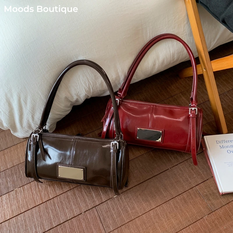 

MOODS Shiny Shoulder Bags For Women Patent PU Leather Pure Color Commute Hobo Bag 2025 New Luxury Designer Pureses And Handbags