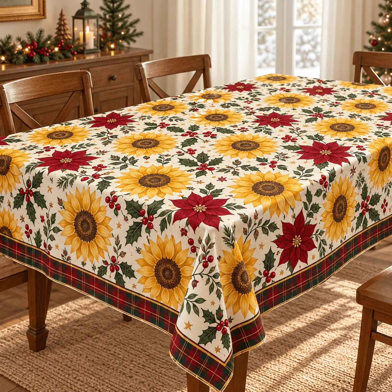 1 square tablecloth, golden sunflowers with burgundy Christmas flowers, holly cranberries and red and green checked trim