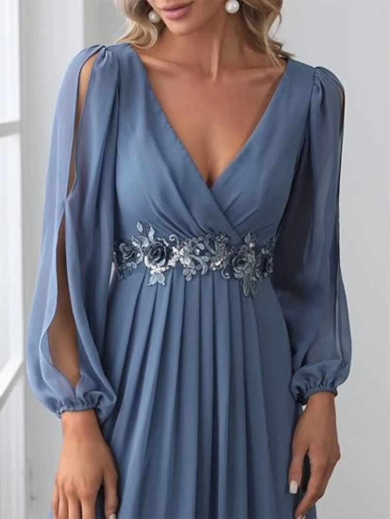 

Women Sexy Deep V-Neck Tulle Full Sleeve Evening Dresses Elegant Appliques Empire Pleated A-Line Prom Gowns Haze Blue