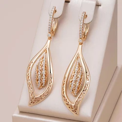 Kienl Hot 585 Rose Gold Color Natural Zircon Long Big Earring for Women Glossy Crystal Flower Ethnic Bride Daily Vintage Jewelry