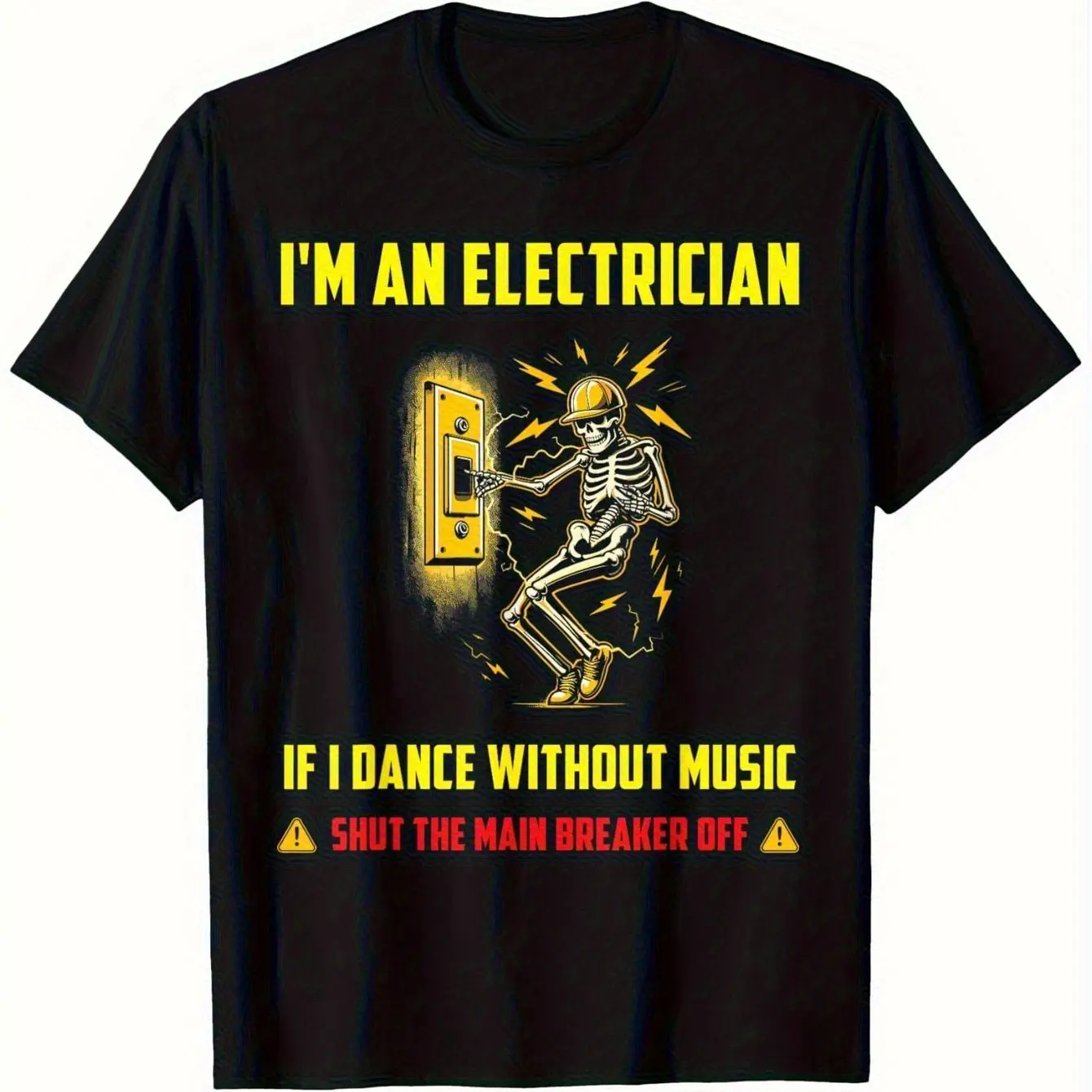 Men's Funny Electrician T-shirt, Skull and Circuit Board Pattern, Yellow Text and Power Socket Design
