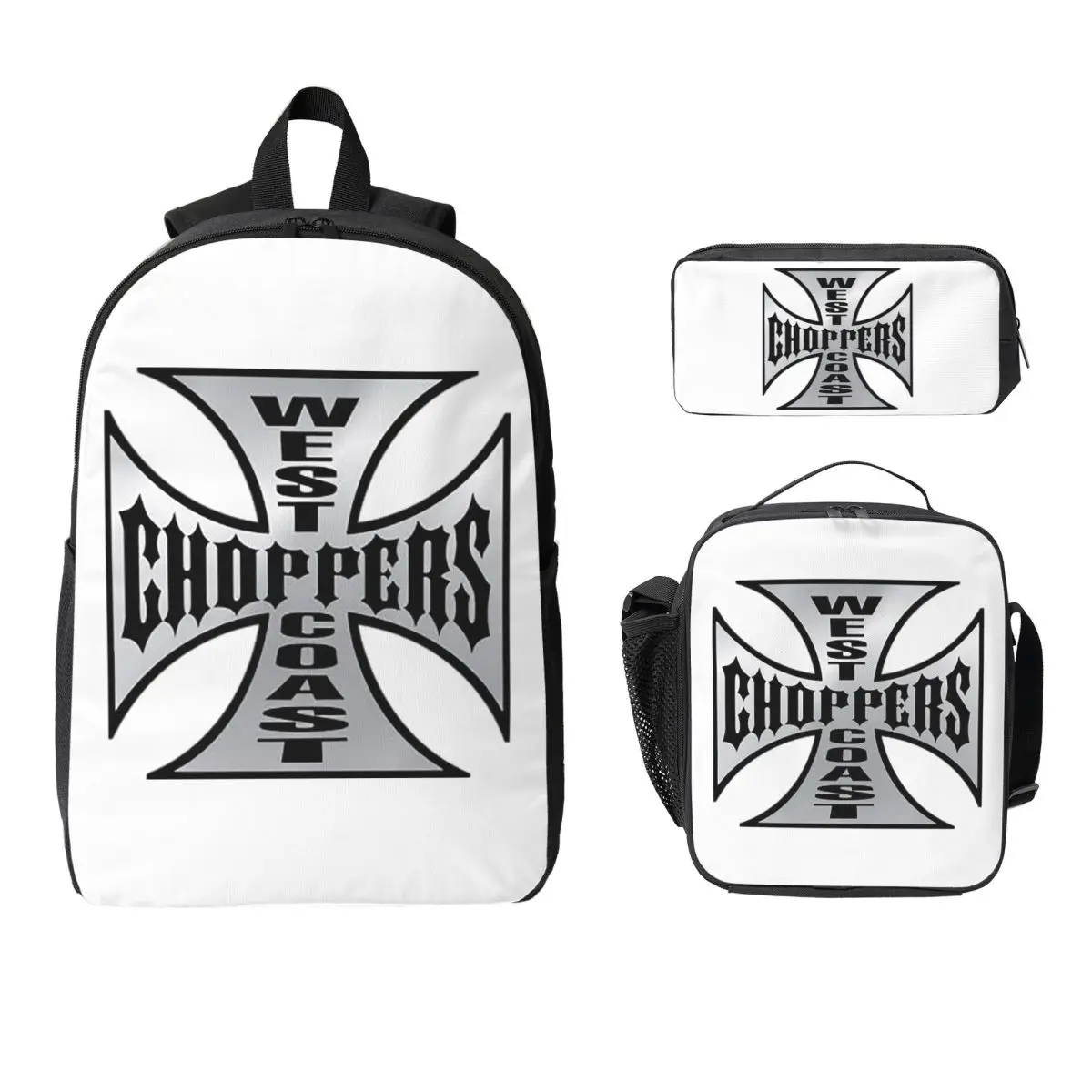 

Personalized West Coast Iron Cross Choppers Backpack BookBag School Bag Computer Shoulder Bags 3ps Lunch Bag Pencil Case