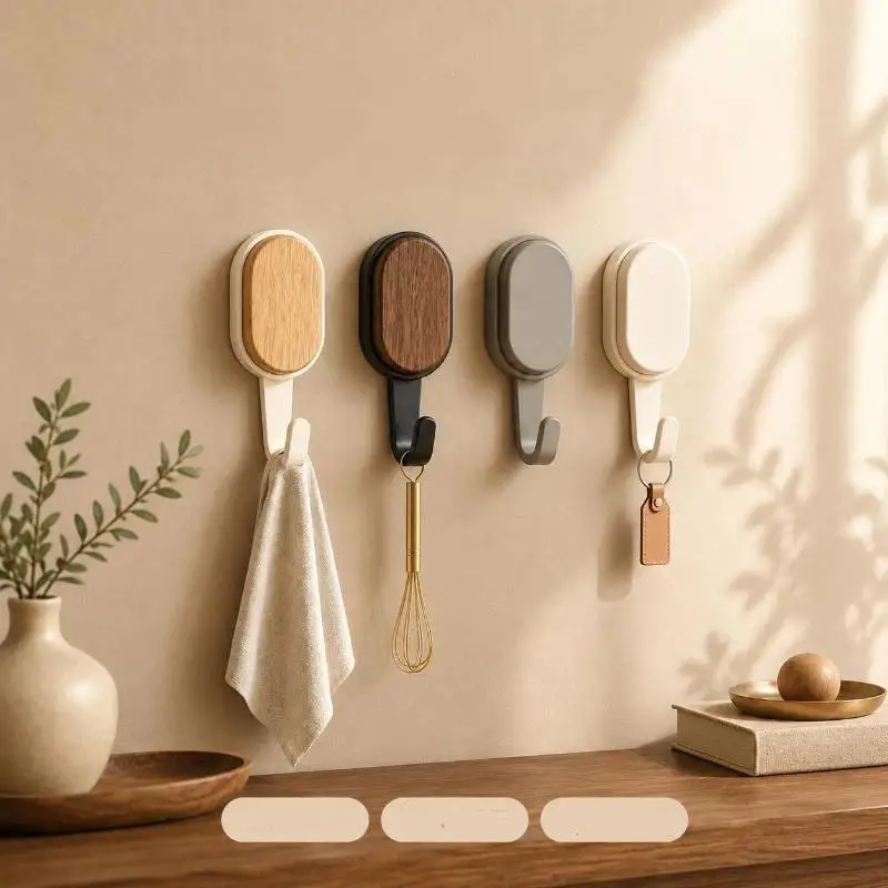 [S]Wood Grain Wall Hooks Self Adhesive Key Coat Bag Hanger Hook Bathroom Kitchen Door Robe Towel Storage Rack Hook Accessories
