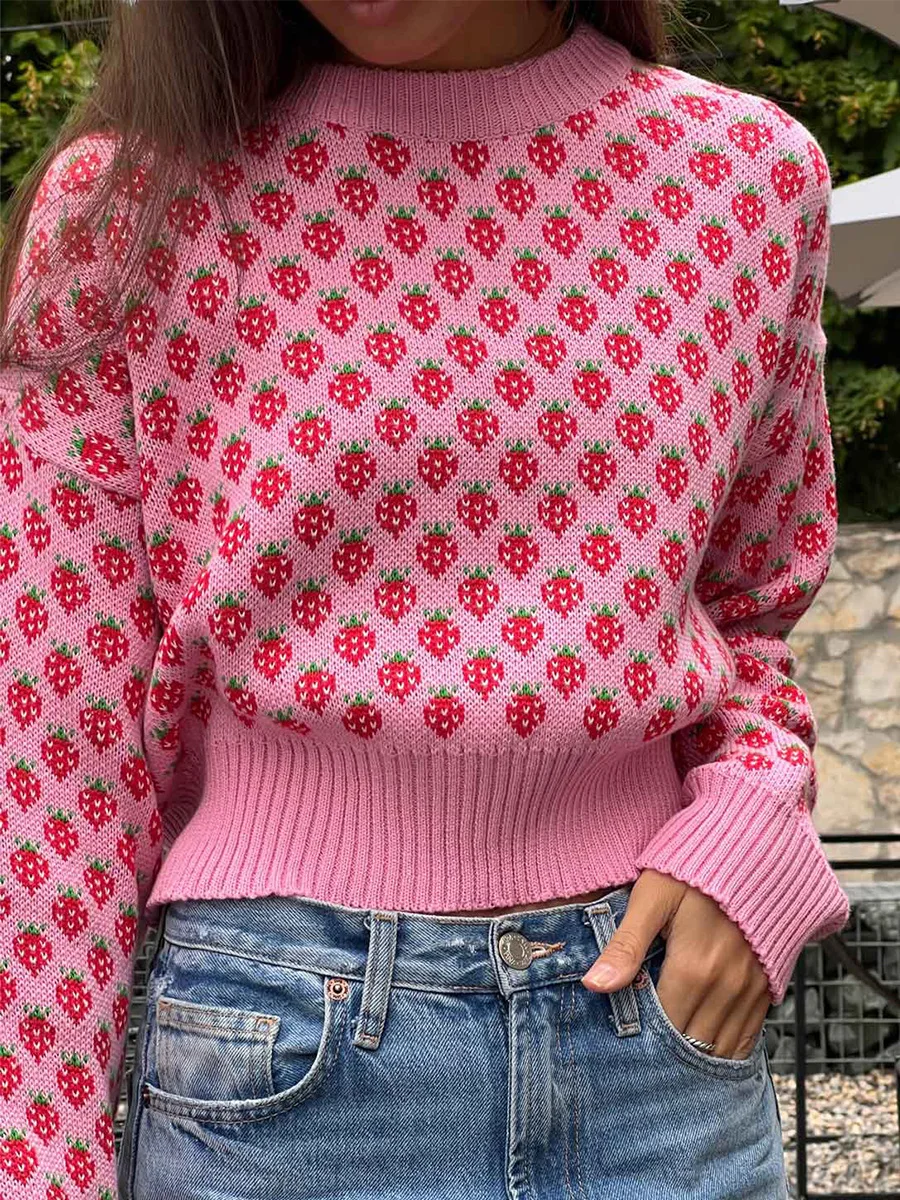 Women Sweet Strawberry Printed Pullover Sweater Casual Loose Round Neck Long Sleeves Pullovers Autumn Lady Fashion Knitwear