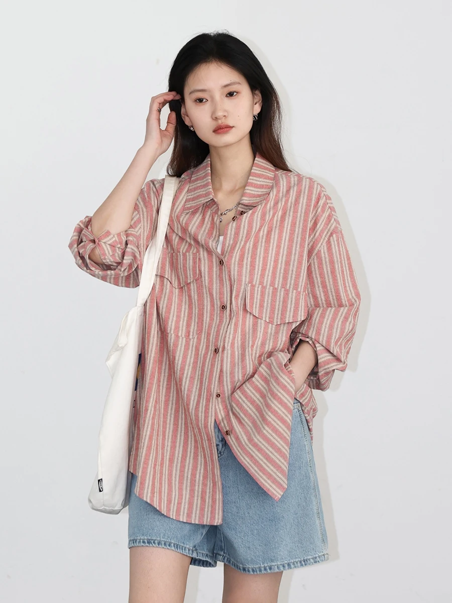 CHIC VEN Women Shirt Loose Casual Single Breasted Retro Contrast Vertical Stripe Blouses Female Top for Woman Spring Autumn 2024