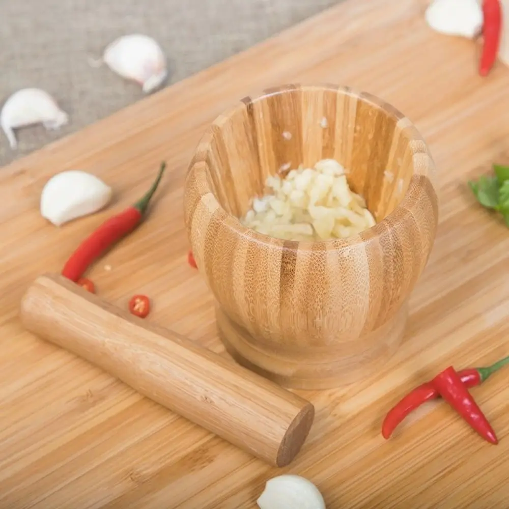 Manual Garlic Grinder Natural Bamboo Mortar Pestle Crusher Kitchen Tool For Herb Spice Seasoning Mash Bowl Easy Clean