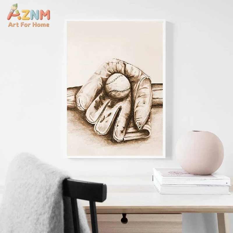 AZNM Vintage Sketch Sports Canvas Wall Art Soccer Basketball Rugby Ball Minimalist Sepia Print Unframed Canvas Boys Bedroom Play