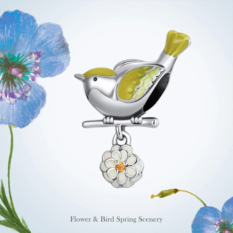 BAMOER 925 Sterling Silver Colored Flower & Bird Charms Sunflower Pendant fit for Original Bracelet & Bangle Fine Jewelry DIY