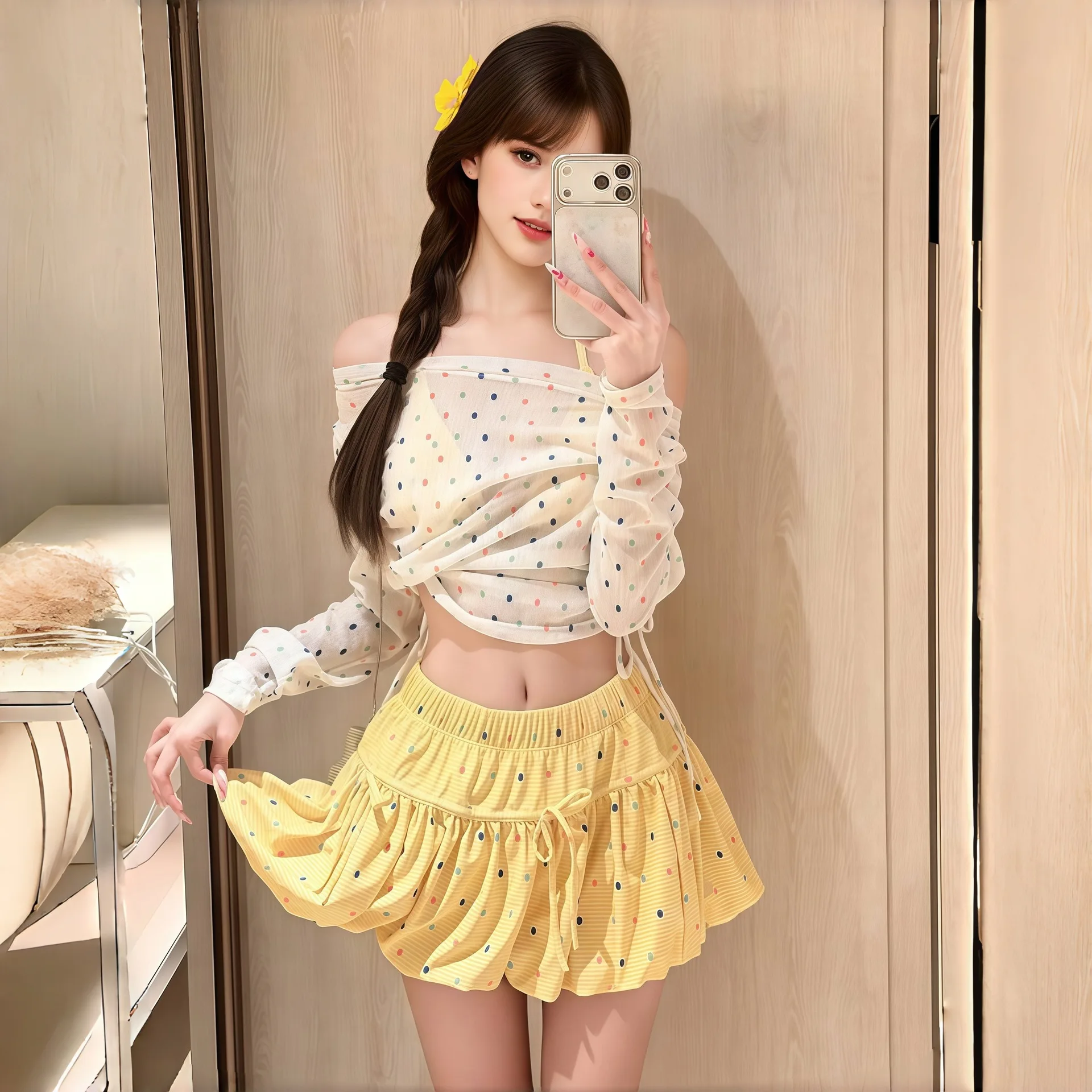 Fashion Dot Pattern Women's Split Swimming Suit Set Youth Thin Sheer Smock Skirt-style Bikini Casual Swimwear