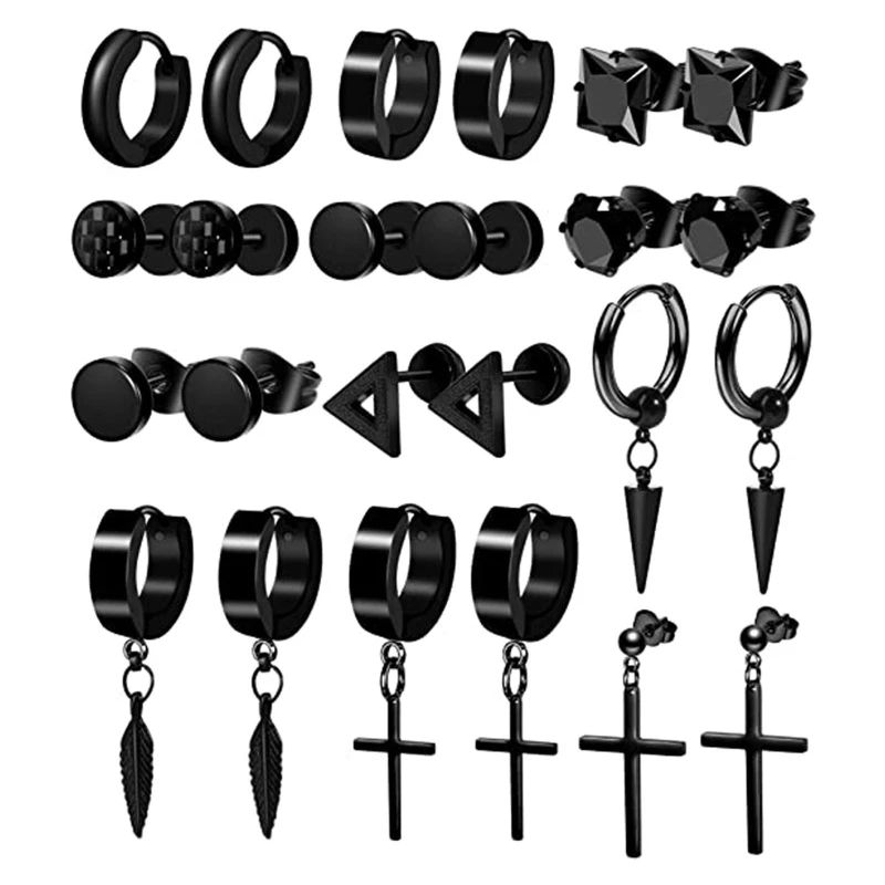 12Set Black Earrings for Men Women Stainless Steel Hoop Earrings Set