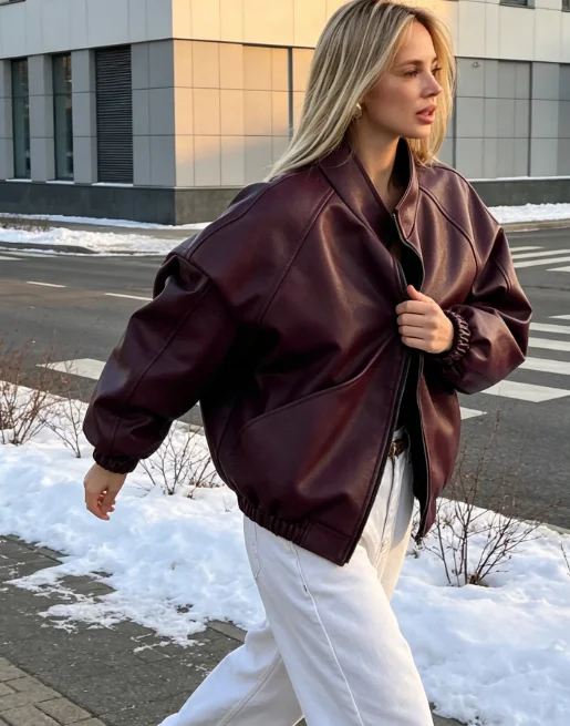 Women's  Burgundy Stand Collar Oversized Faux Leather Jacket Female Full Sleeve Cropped Pu Coat 2026 Autumn New Casual Outfits