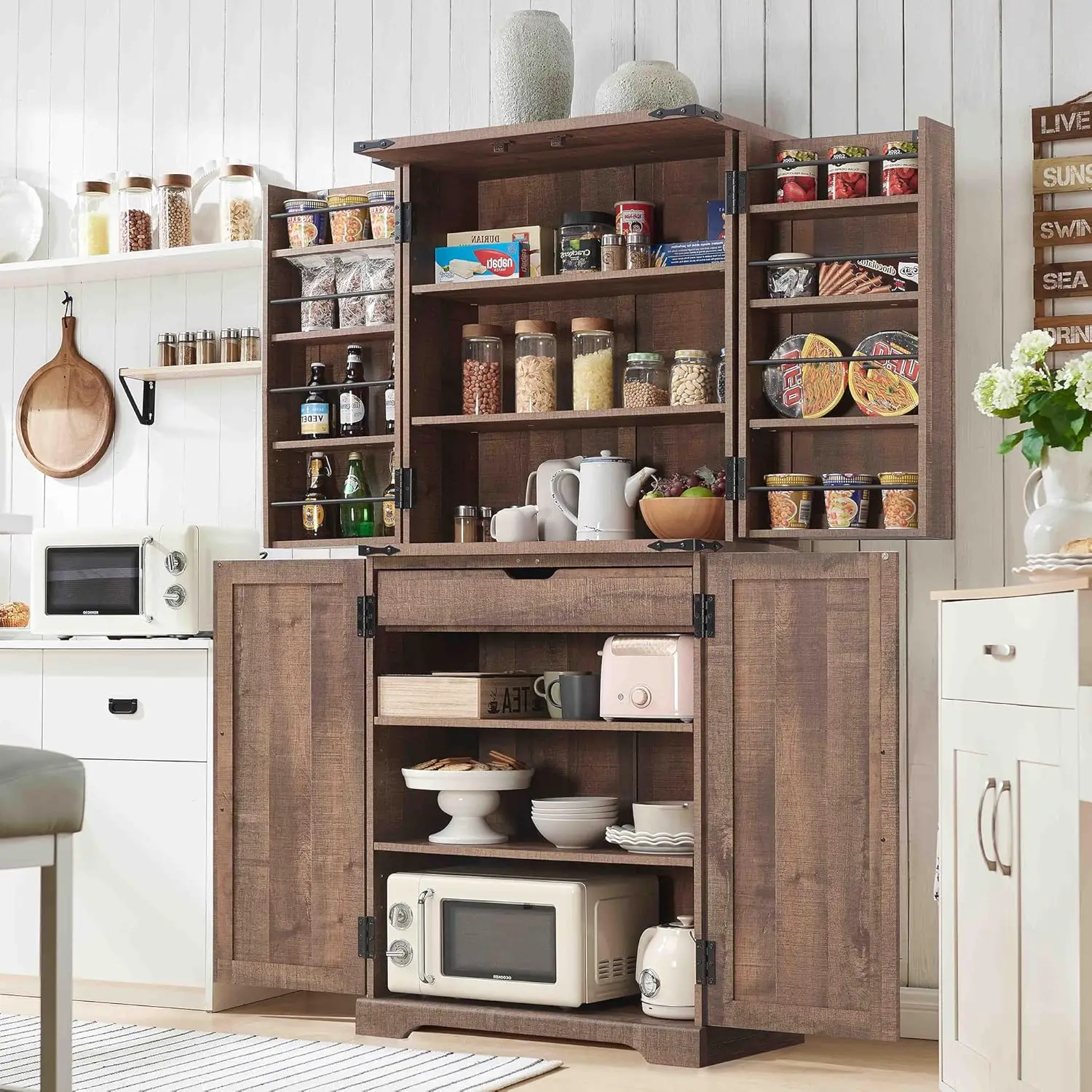 72" Tall Kitchen Pantry, Farmhouse Storage Cabinet with Barn Doors, Organizer, Drawer & Adjustable Shelves, Rustic Brown.