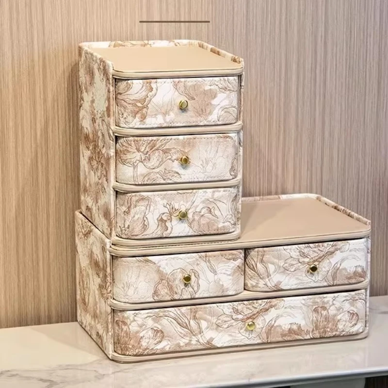 

Элегантный настольный кожаный органайзер с выдвижными ящиками, многосекционный ящик для хранения украшений и универсальный лоток для косметики на туалетный столик