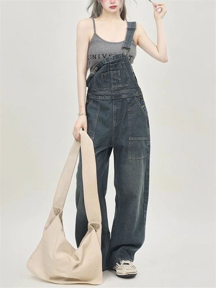 Women\'s Casual Blue Overalls Fashion Wide Leg Girl Suspender Jumpsuits Pants Female Streetwear Rompers Straight Denim Trouser