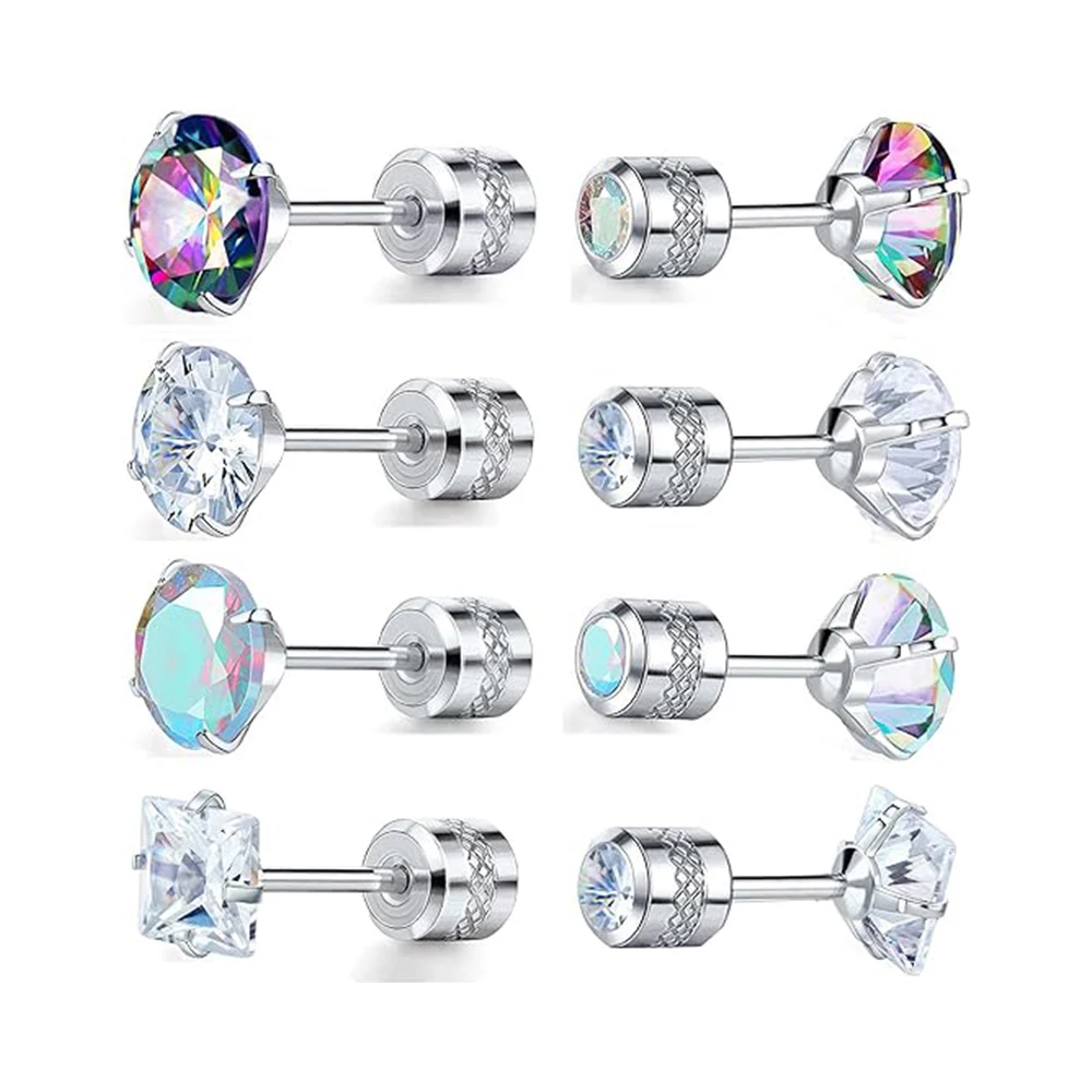 4 pairs of 6mm stainless steel inlaid with color cubic zirconia stone for stylish minimalist stud earrings, suitable for everyda