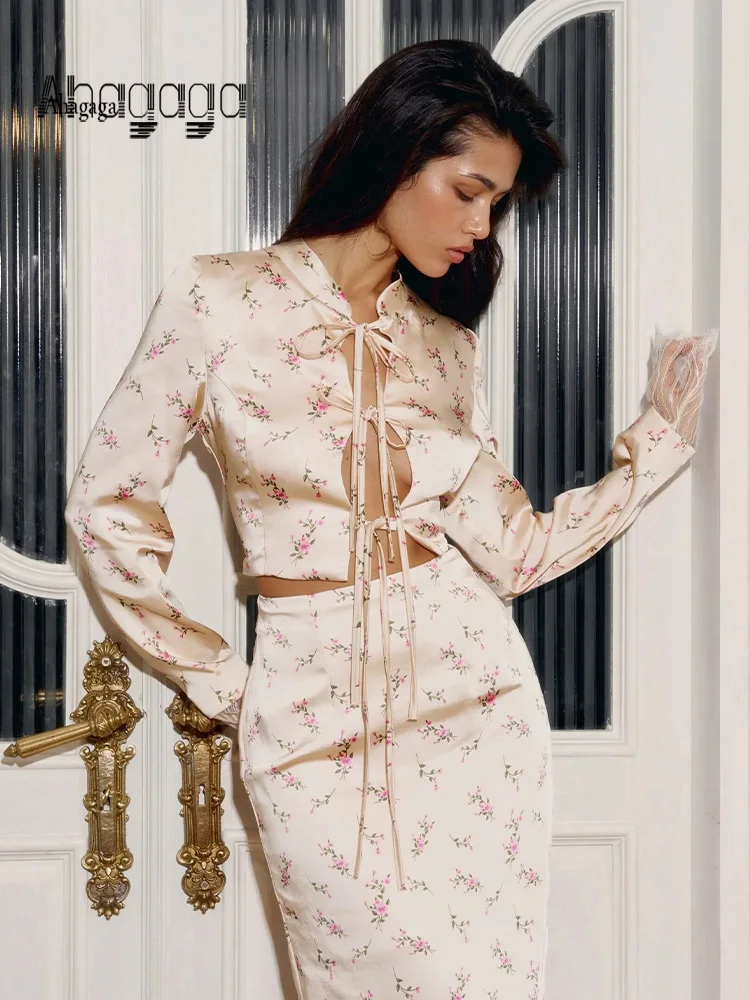 Женские комплекты Ahagaga Eelgant с принтом, бандажные модные узкие женские спортивные костюмы с длинными рукавами из 2 предметов (топы + S»), кружевные лоскутные модные узкие женские спортивные костюмы с разрезом