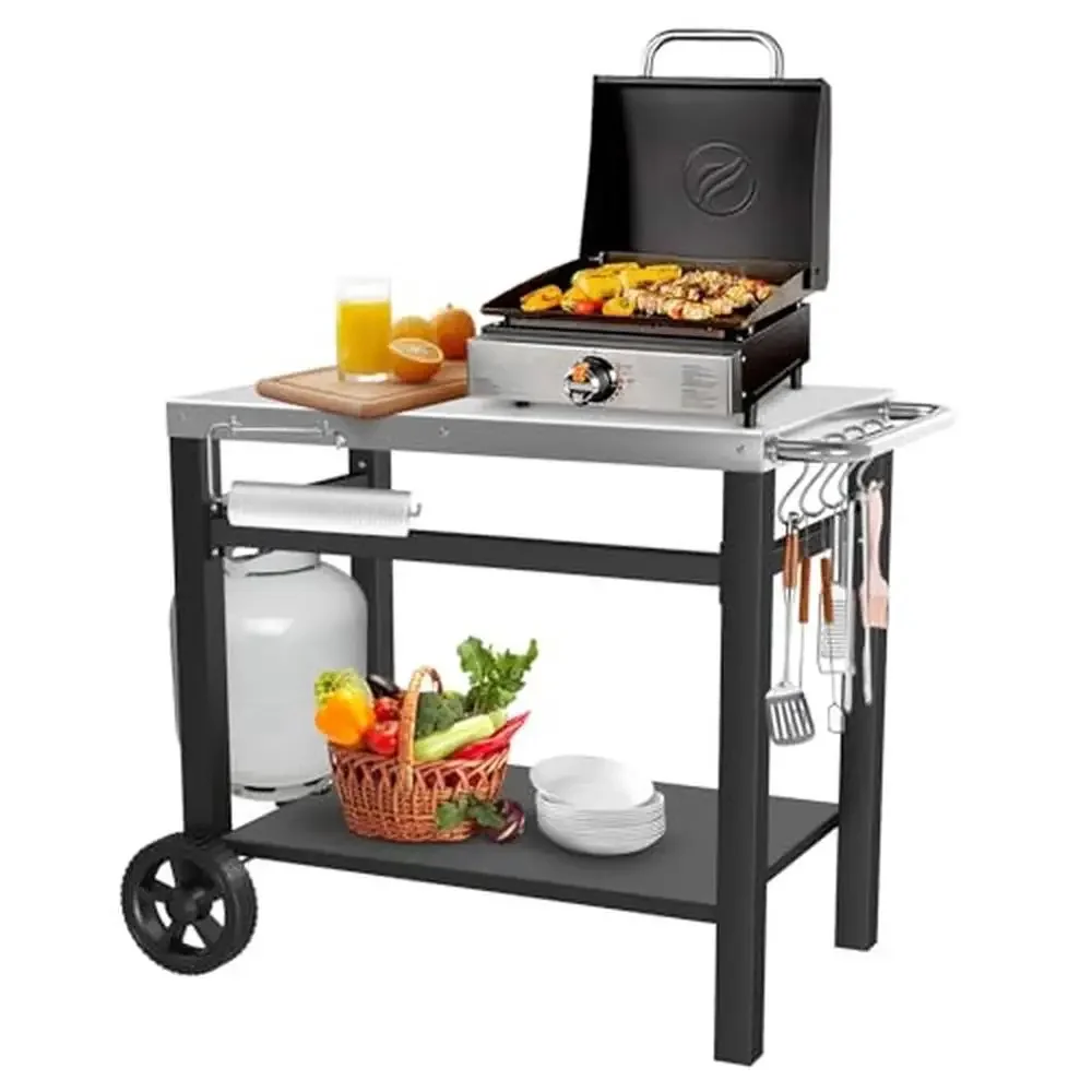 Outdoor Grill Table Cart Double-Shelf Movable Dining Stand BBQ Prep Work Station Ninja Woodfire Blackstone Weber Pit Boss Royal