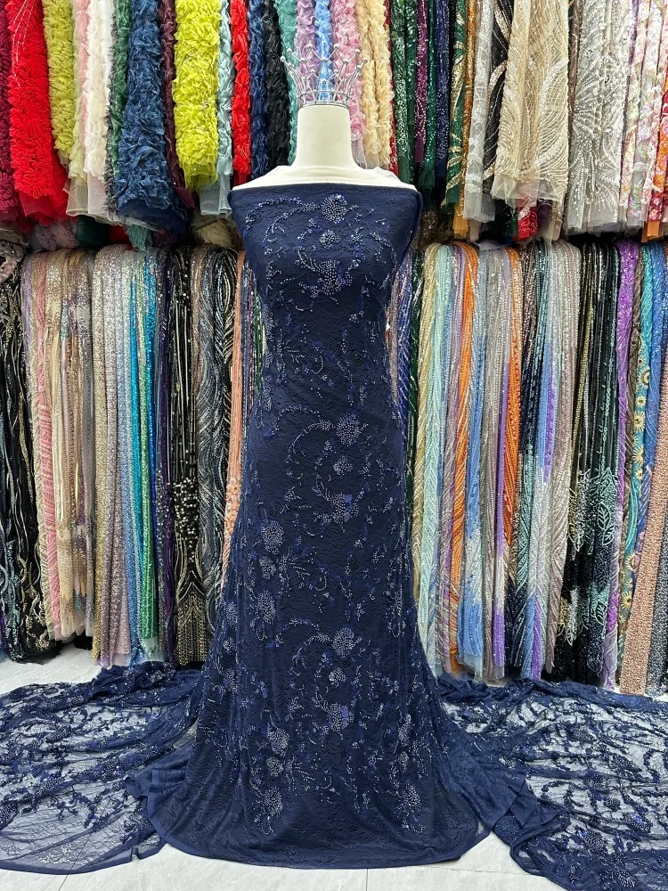 Latest French Beaded Elastic Lace Fabric Luxury 2026 High Quality African Groom Lace Fabrics Sequins Nigerian For Wedding Dress
