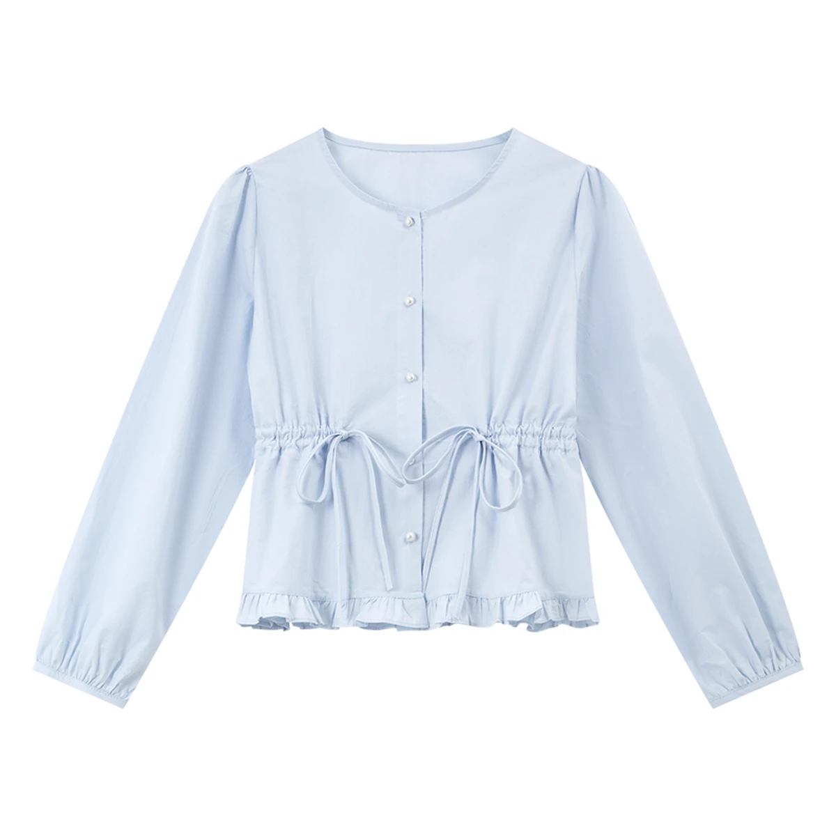 VIMLY Women's Cotton Blue Fitted Shirts Ladies Trend 2026 Spring Fall Ruffle Hem Long Sleeve Tie Waist Tops Woman Clothes 30735