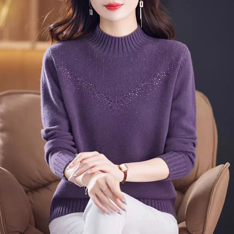 Women Mock Neck Rhinestone Knit Sweater Loose Pullover Fall Winter Mom Basic Top
