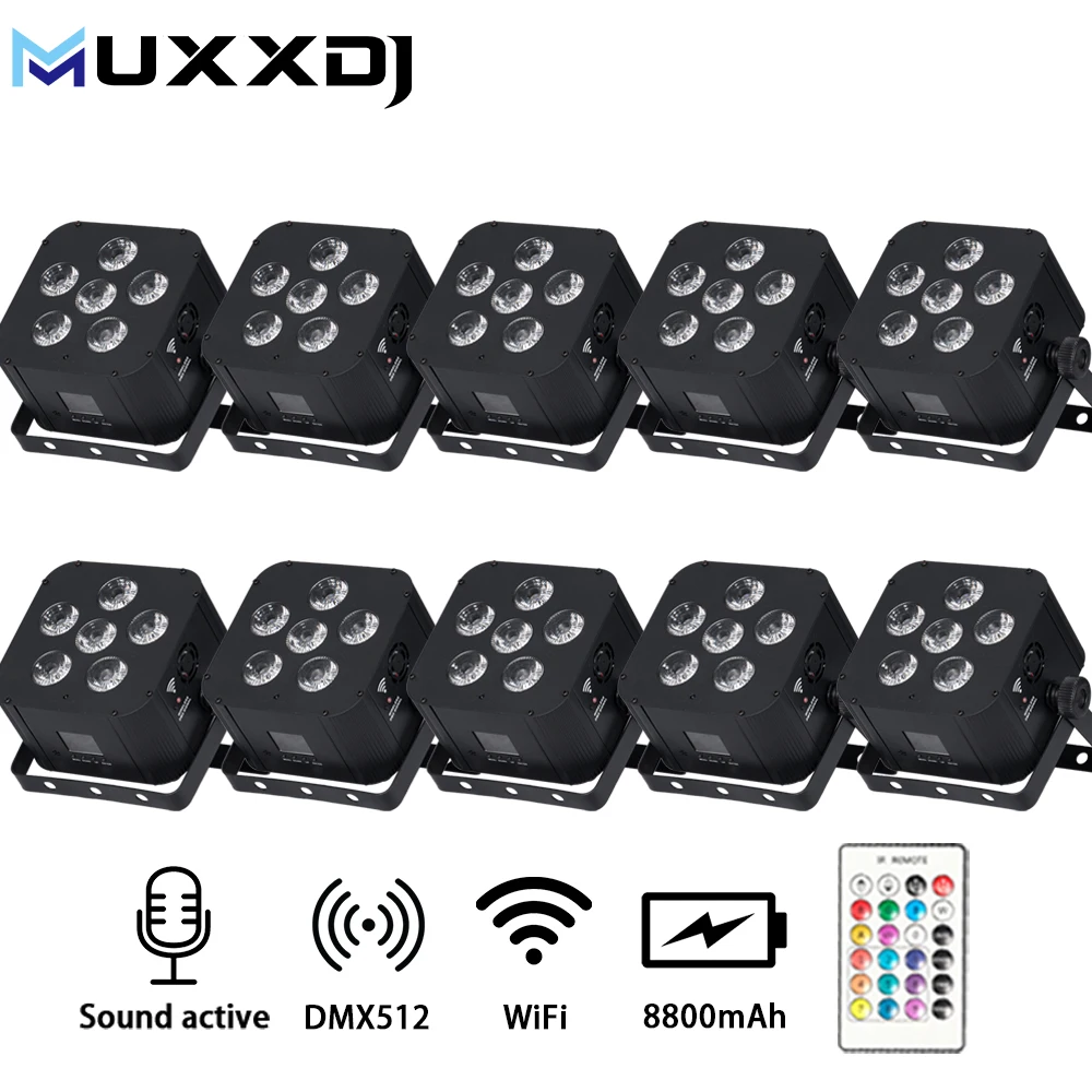 

10pcs Professional Dj Lights 6X18W RGBWA UV 6 in 1 Battery Power Wireless DMX LED Uplight WiFi Remote Flat Par Light for Disco