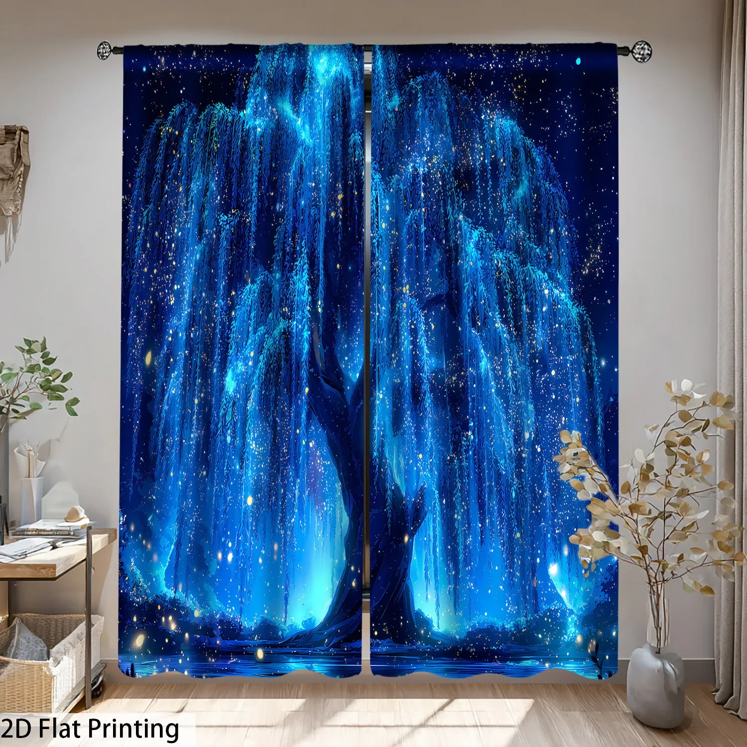 Vibrant Blue Waterfall Night Sky Curtain 2D Printing Abstract Galaxy Shower Window Drapes